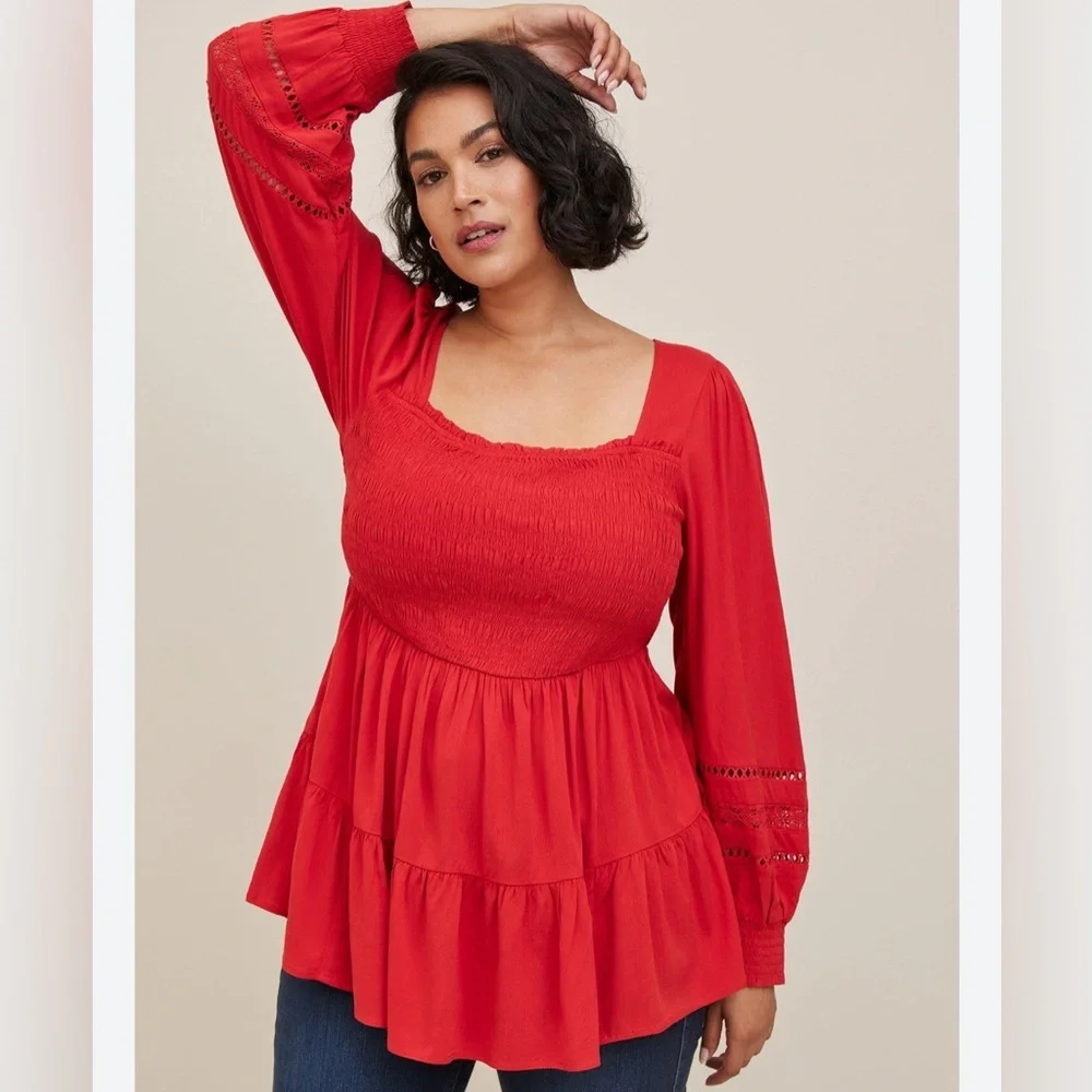 Torrid Orange Babydoll Slub with Lace Inset Smocked Tiered Top, Women’s Plus 2 - Picture 2 of 7